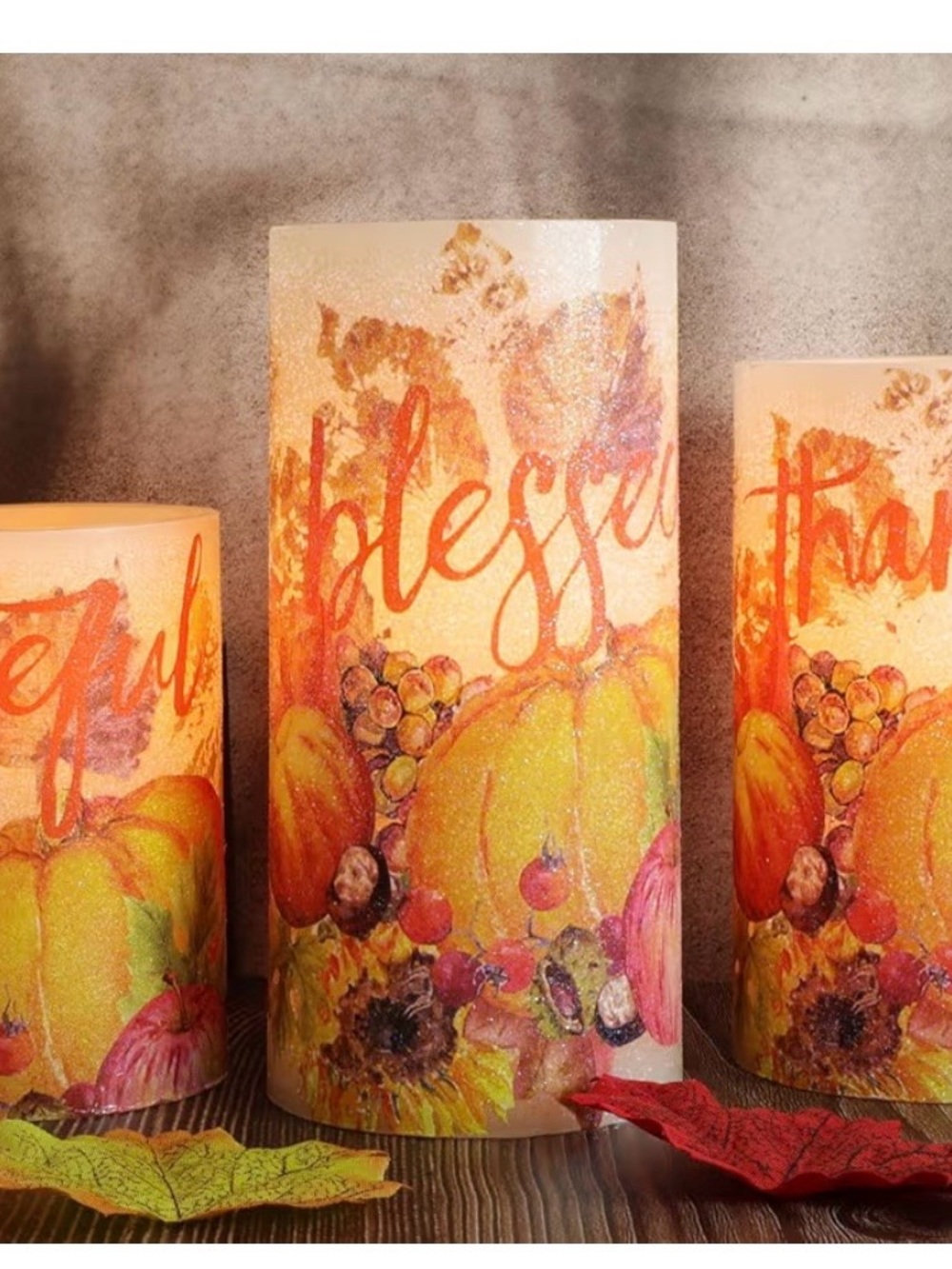 Blessed Autumn Pumpkin Flameless Candles- Orange Fall Home Accent Set of 3